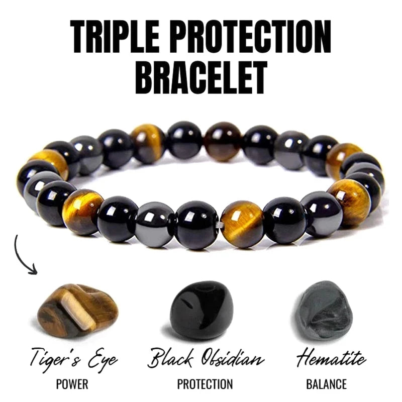 1 Natural Black Obsidian Hematite Tiger Eye Bead Bracelet