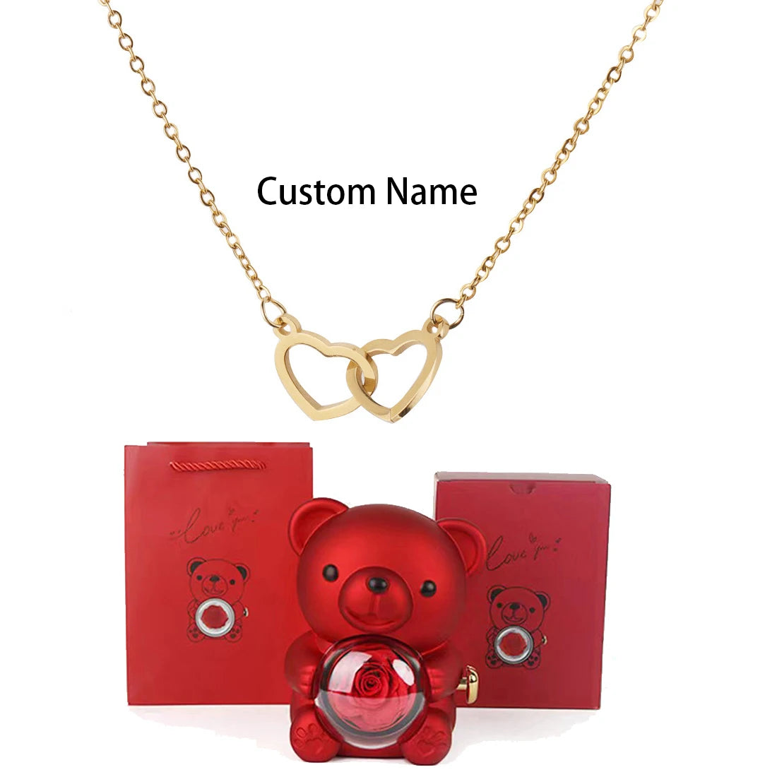 Custom Text Double Heart Eternal Necklace – With Luxury Bear & Rose Gift Box - Image 13