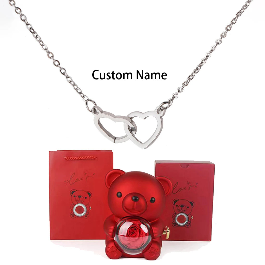 Custom Text Double Heart Eternal Necklace – With Luxury Bear & Rose Gift Box - Image 15