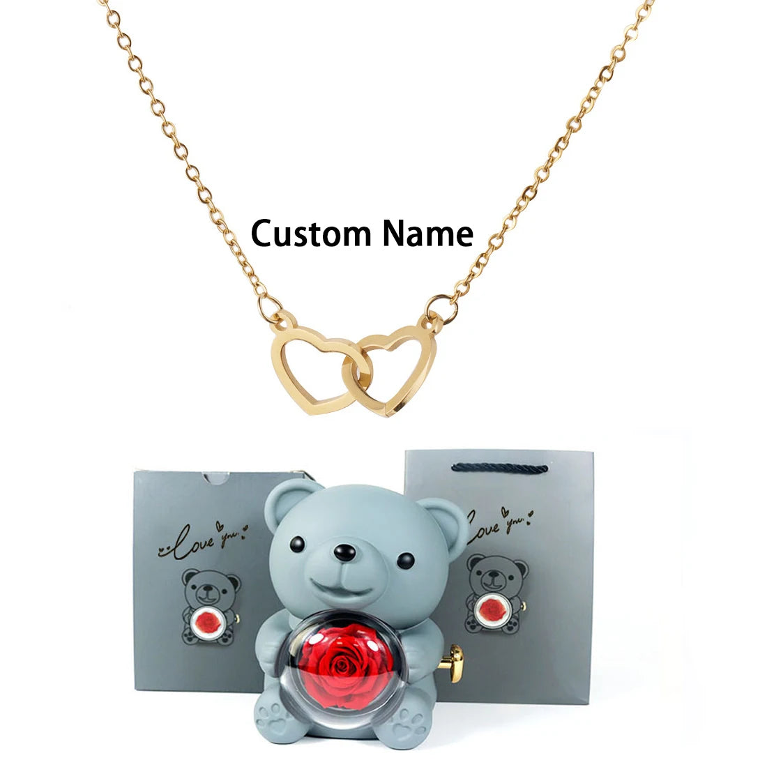 Custom Text Double Heart Eternal Necklace – With Luxury Bear & Rose Gift Box - Image 21