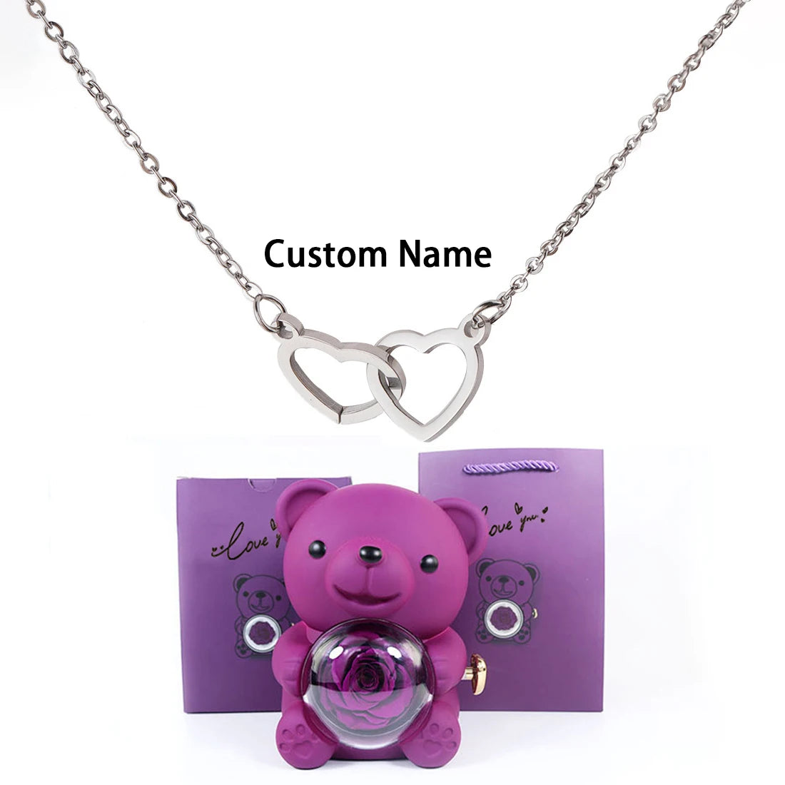 Custom Text Double Heart Eternal Necklace – With Luxury Bear & Rose Gift Box - Image 23