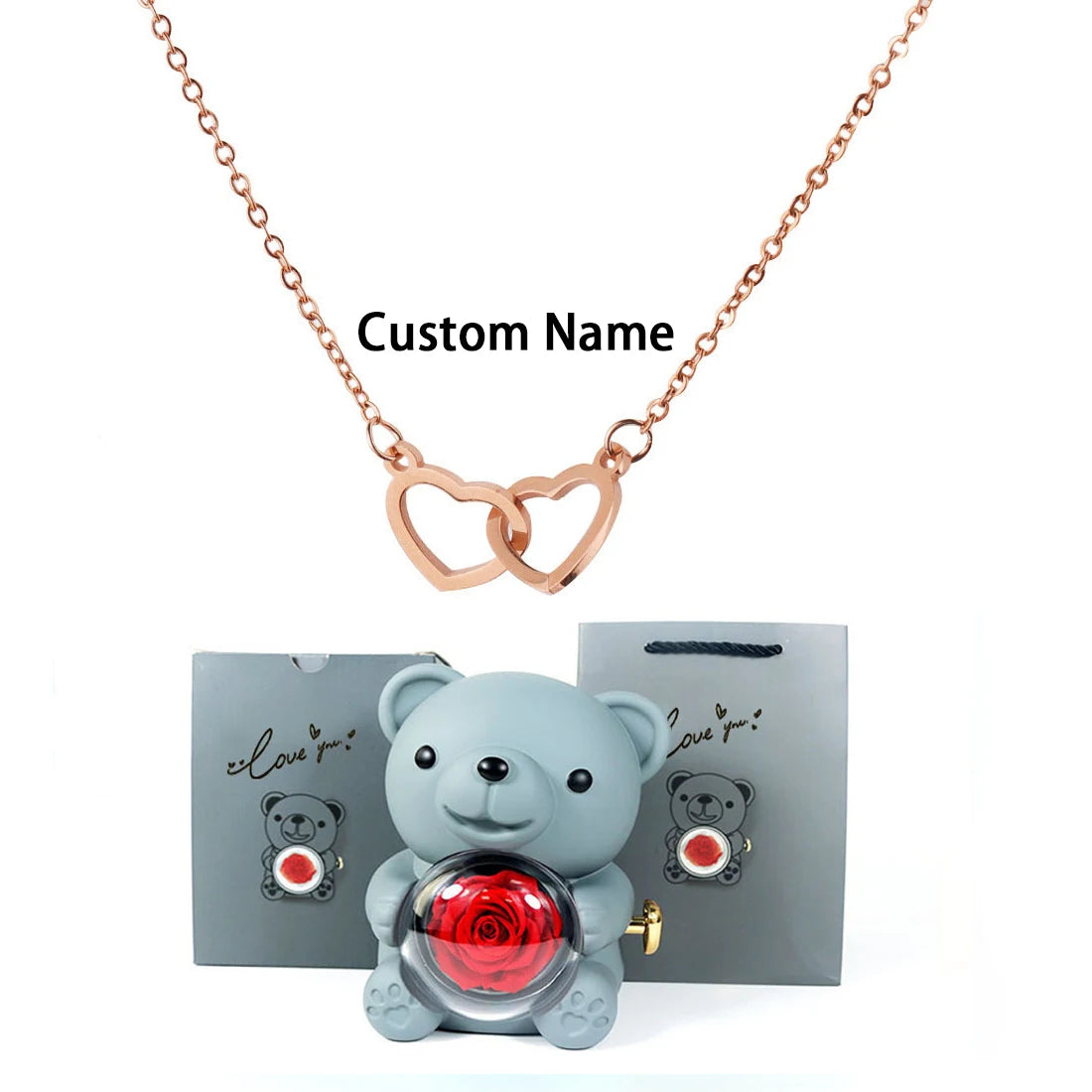 Custom Text Double Heart Eternal Necklace – With Luxury Bear & Rose Gift Box - Image 20