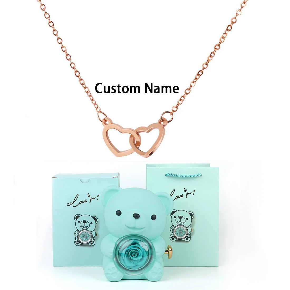 Custom Text Double Heart Eternal Necklace – With Luxury Bear & Rose Gift Box - Image 8