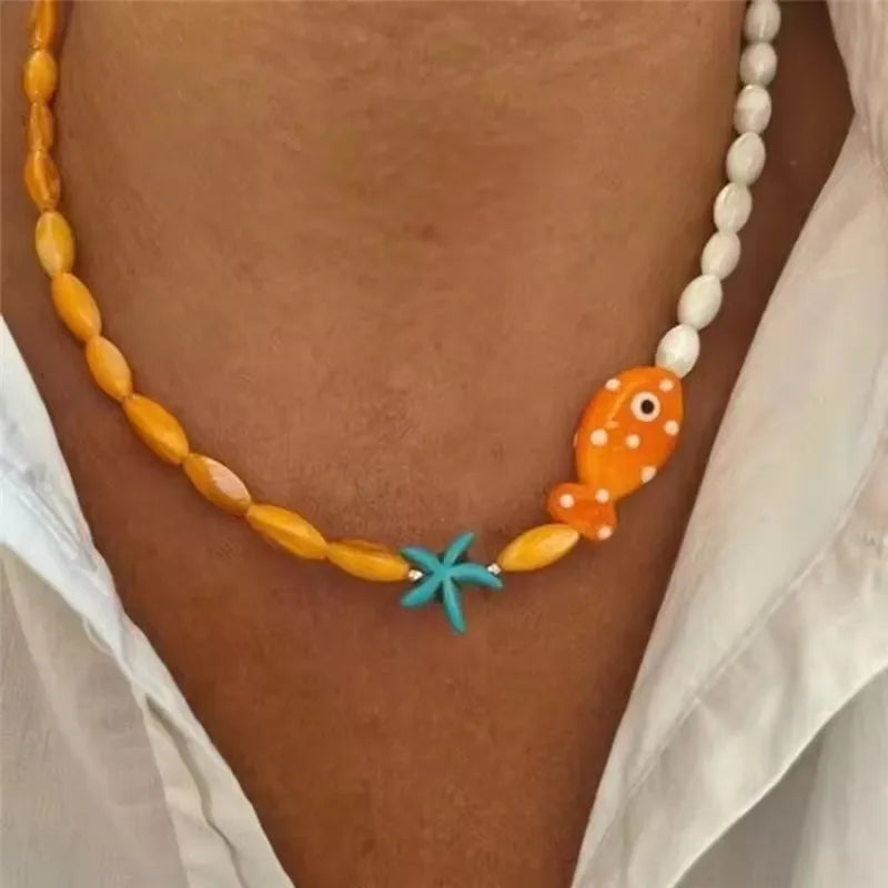 Cute Orange Ceramic Fish Necklace – Romantic Starfish & Fish Pendant for Summer Beach Style - Image 2